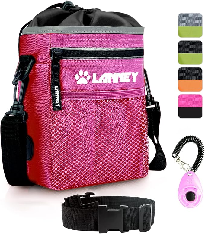 Dog Treat Pouch Pet Training Bag for Small to Large Dogs, Treat Tote Carry Kibble Snacks Toys for Training Reward Walking, Metal Clip, Waist belt, Shoulder Strap, Poop Bag Dispenser and Clicker
