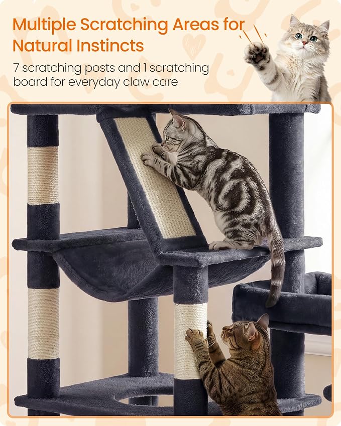 Feandrea 74.1-Inch Cat Tree Tower for Indoor Extra Large Cats, with Scratching Posts, Scratching Board, Multi-Level Design, Dark Gray UPCT016G201S