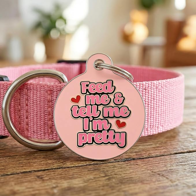 Bad Tags Personalized Dog and Cat ID Tags in 25+ Designs and 2 Sizes - 5 Lines of Custom Engraved Text - Funny Cute Personalized Pet Tags (Feed Me & Tell Me I'm Pretty - Pink, Small (1 inch))