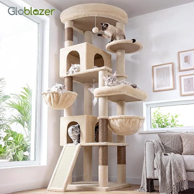 Globlazer Maine Coon Corner Cat Tree for Indoor Cats 74in, C74, Beige | Tall Heavy Duty Cat Tower for Large Multiple, 2 Big Platforms, 2 Extra Large Cat Condos, 2 Baskets, Sisal Scratching Board