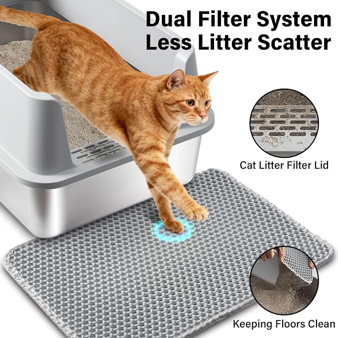 Stainless Steel Litter Box with Lid,XL Metal Cat Litter Box, Large Litterbox for Adult Cat with High Sides,Non-Stick, Odor-Free,Easy to Clean,Include Litter Mat &Scoop