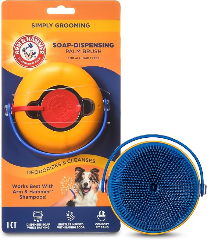 Arm & Hammer Simply Grooming Soap Dispensing Palm Dog Brush | Baking soda infused, silicone scrubbing nubs, easy-grip design, lathers and deodorizes, all coat types