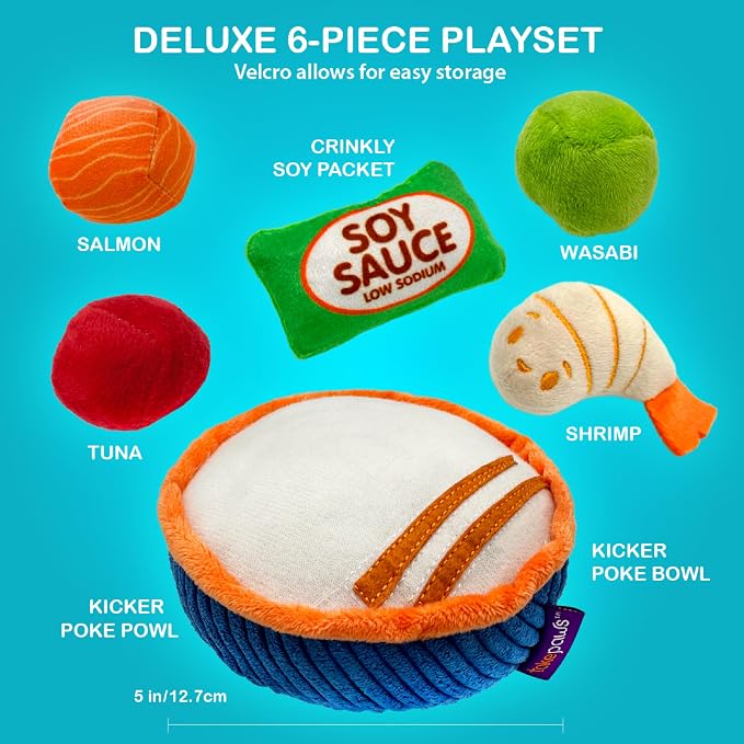 Pounce & Purr Sushi Cat Toys with Catnip & Silvervine 6-Piece Plush Set for Indoor Cats & Kittens, Kitten Chew Toy, Kicker & Boredom Relief - Poké Bowl Playset