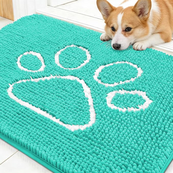OLANLY Dog Door Mat for Muddy Paws 30x20, Paw Print Design Chenille Mud Mat | Teal, Super Absorbent, Traps Moisture and Dirt, Non-Slip Washable Doormat, Quick-Drying Indoor Entryway Floor Carpet for Dogs