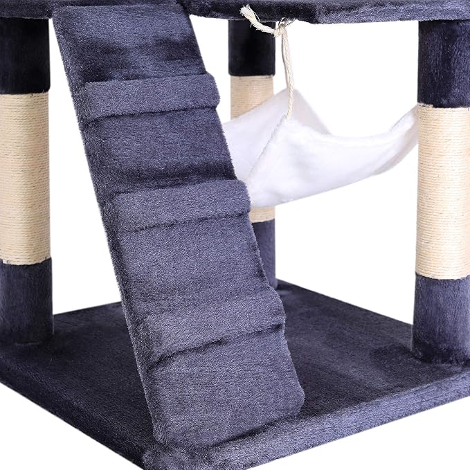 lionto Scratching Tree for Cats with Hammock & Tunnel, Height 52,4 in, cat Tree with sisal Rope & Soft Plush, Cozy Lying Areas & Caves, Suitable for Small & Large Cats, Gray/White