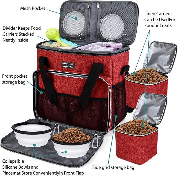 BAGLHER Dog Travel Bag, Pet Travel Bag (ALL Pet Travel Supplies), With 2 Pet Food Containers and 2 Collapsible Silicone Bowls; Essential Kits for Travel Red