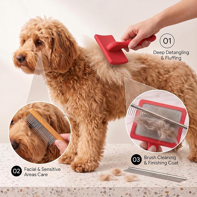Wooden Long Pin Slicker Brush for Large Dog, Poodles & Doodles Long Hair | Grooming, Fluff & Detangle Heavy Dense Wavy Curly Coats to Easily Prevent Severe Hair Matting During Shedding Seasons
