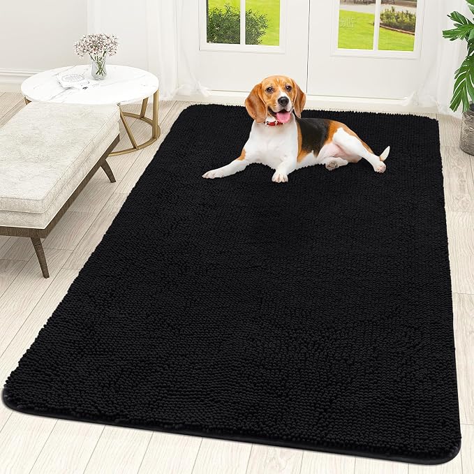 OLANLY Dog Door Mat for Muddy Paws 59x35, Super Absorbent Chenille Mud Mat | Black, Absorbs Moisture and Dirt, Non-Slip Machine Washable Doormat, Quick-Drying Indoor Entryway Floor Carpet for Dogs