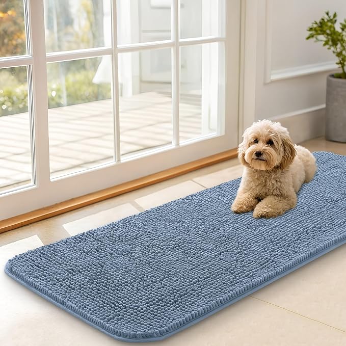 OLANLY Dog Door Mat for Muddy Paws 47x17, Super Absorbent Chenille Mud Mat | Airy Blue, Absorbs Moisture and Dirt, Non-Slip Machine Washable Doormat, Quick-Drying Indoor Entryway Floor Carpet for Dogs