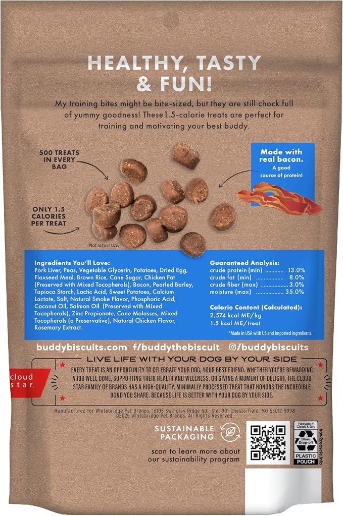 Buddy Biscuits Trainers Training Bites Soft & Chewy Dog Treats, Bacon, 10 oz. Pouch | Made with Natural Pork Liver, Free of Corn, Soy, Or Artificial Flavors, Baked in the USA, Only 1.5 Calories Per Treat