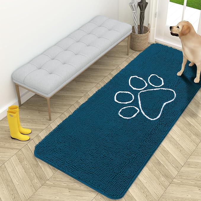 OLANLY Dog Door Mat for Muddy Paws 59x24, Paw Print Design Chenille Mud Mat | Atlantic Blue, Absorbent, Traps Moisture and Dirt, Non-Slip Washable Doormat, Quick-Dry Indoor Entryway Floor Carpet for Dogs