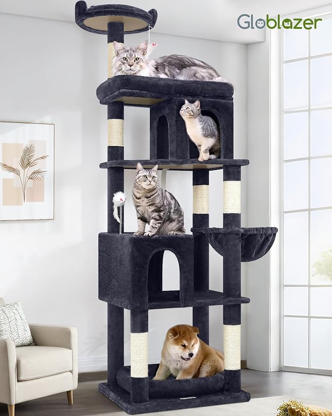 Globlazer Heavy Duty Cat Trees for Large Cats, Sturdy 72in Maine Coon Cat Tree for Large Cats 20 lbs+ Heavy Duty Cat Tower for Adult Biggest Cat with 6 Scratching Posts, Hammock, S72, Dark Gray