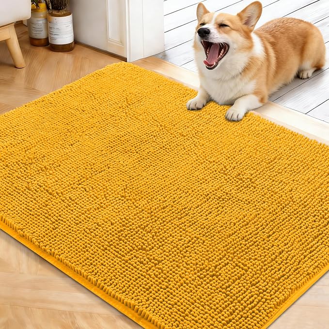 OLANLY Dog Door Mat for Muddy Paws 40x32, Super Absorbent Chenille Mud Mat | Golden Yellow, Absorbs Moisture and Dirt, Non-Slip Machine Washable Doormat, Quick-Dry Indoor Entryway Floor Carpet for Dogs
