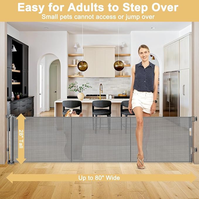 28 Inch Tall Retractable Baby Gates, 80" Wide Reinforced Retractable Dog Gate with Support Rods, Walk Through Pet Gate, Short Dog Gate Retractable Pet Gate, Mesh Baby Gate for Stairs, Doorways, Gray