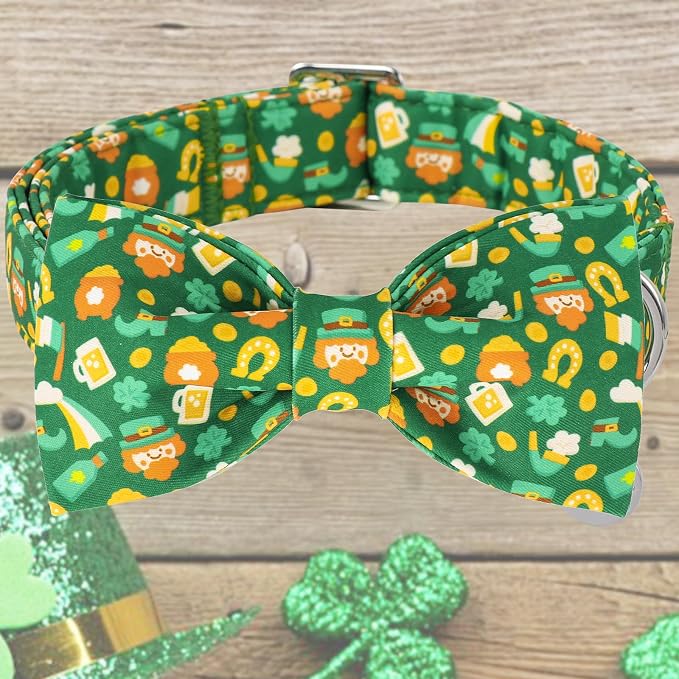 DOGWONG St Patrick Dog Bow Tie with Collar, Irish Holiday Shamrock Lucky Dog Collar for Boys and Girls Large Medium Pets Puppies