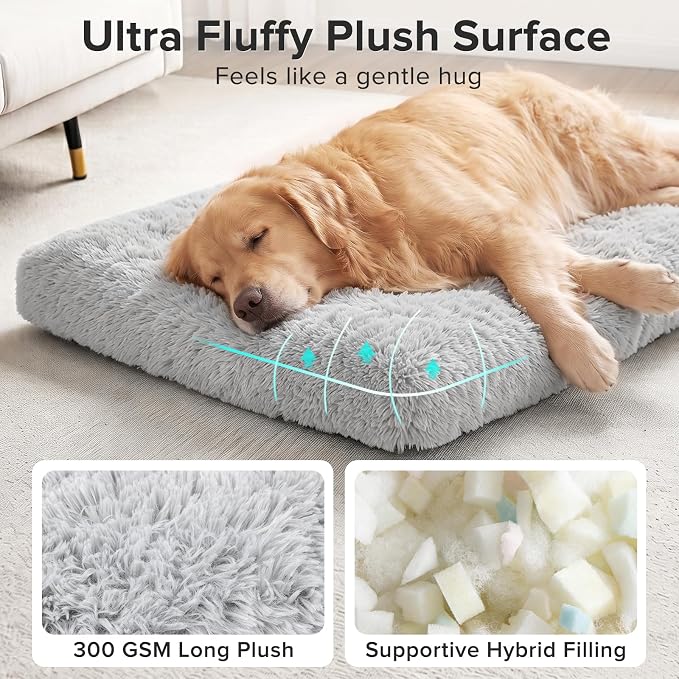 JOEJOY Large Dog Bed Crate Pad, Deluxe Plush Washable Dog Beds Fulffy Soft Kennel Pad Anti-Slip Pet Sleeping Mat for Extra Large Medium Small Dogs, 40" x 27", Grey