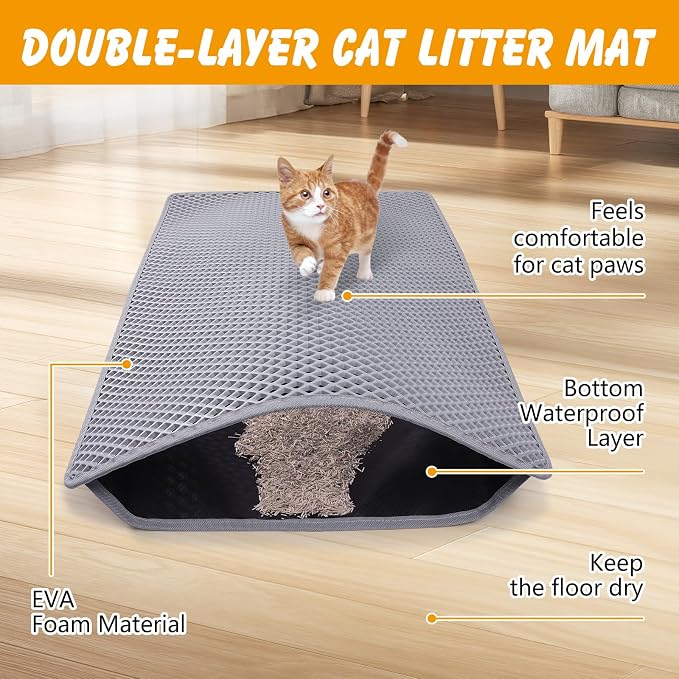 Double Layer Cat Litter Mat, Waterproof Non-Slip, 24 x 15 Inch | Honeycomb litter trapping, EVA soft paw-friendly material, urine-resistant layer, easy shake or rinse clean