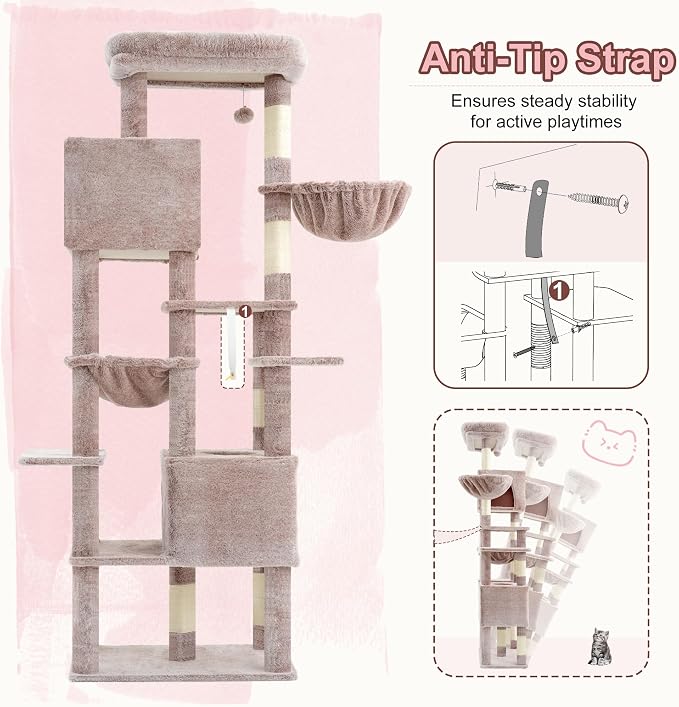 Heybly Cat Tree, 76-Inch Tall Heavy Duty Cat Tower for Big Cats HCT039MU | Multi-Level Large Cat Furniture with Extra Wide Baseboard, 2 Condos & 2 Hammocks, 10 Scratching Posts, Rosy Brown