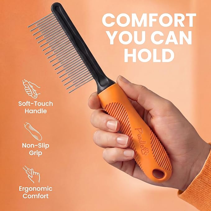 Poodle Grooming Comb - Metal Dematting Comb with Long & Short Stainless Steel Teeth for Removing Matted Hair & Knots, Safe and Gentle for Dogs & Cats (Orange)