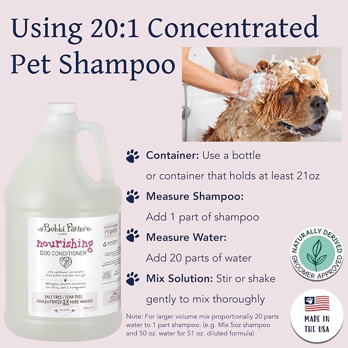 Bobbi Panter Nourishing Dog Conditioner Safflower Oil, Keratin, Shea Butter & Aloe Vera – Detangling Natural Formula for Soft, Smooth & Manageable Coat, 10:1 Concentrate, Made in USA, 1 Gallon
