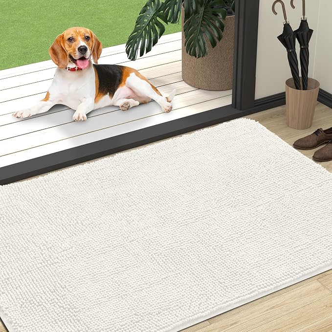 OLANLY Dog Door Mat for Muddy Paws 47x32, Super Absorbent Chenille Mud Mat | Ivory, Absorbs Moisture and Dirt, Non-Slip Machine Washable Doormat, Quick-Drying Indoor Entryway Floor Carpet for Dogs