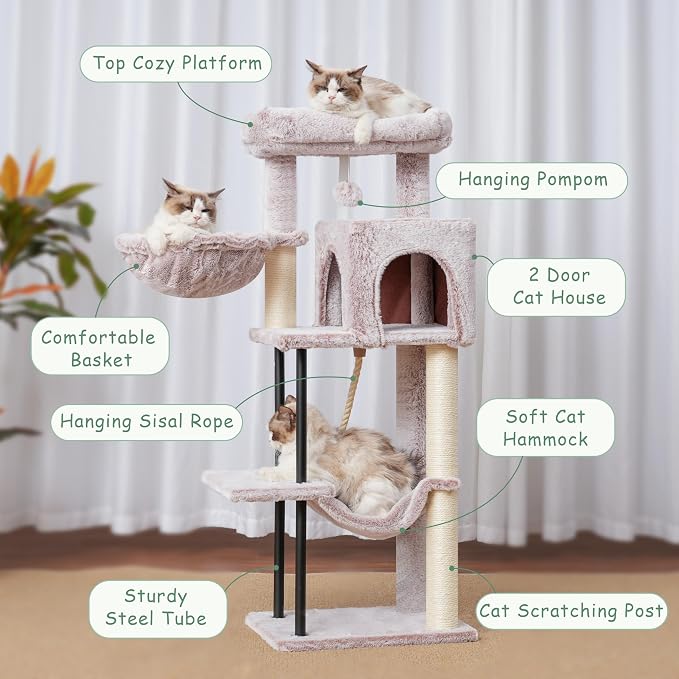 Cat Tree, 43.3'' Cat Tower with Hammock for Kittens GCT004SMU | Cat Condo House for Small Indoor Cats, Basket, Scratching Post, Large Platform, Sturdy Steel Tube, Sisal Rope, Mushroom