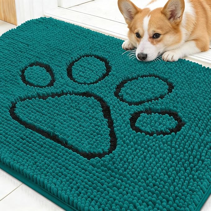 OLANLY Dog Door Mat for Muddy Paws 30x20, Paw Print Design Chenille Mud Mat | Lake Blue, Absorbent, Traps Moisture and Dirt, Non-Slip Washable Doormat, Quick-Drying Indoor Entryway Floor Carpet for Dogs