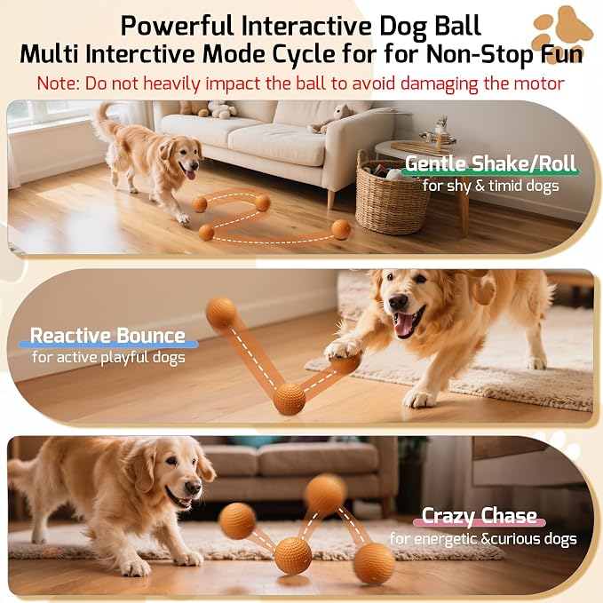 SNOYWEN Smart Interactive Dog Toy, Automatic Moving Bouncing Rolling Ball, Food-Grade Rubber Material IPX7 Waterproof Active Ball for Medium and Large Dogs (Orange)
