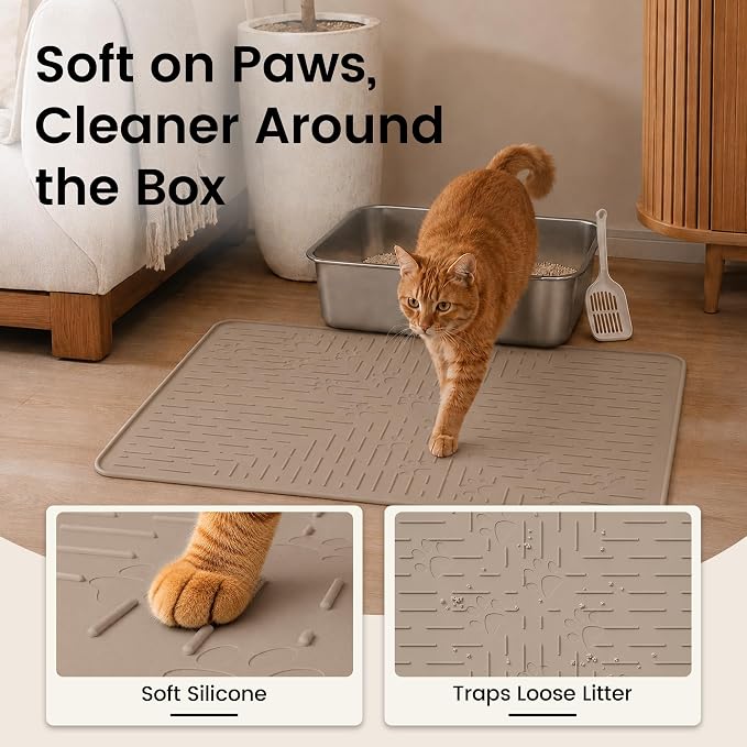 OHMO Cat Litter Mat, 23.5x16 Silicone Trapping Mat Beige | for Kitty Litter Box, Easy Clean, BPA Free Rubber, Center Litter Collection, Easy Pour-Back, Waterproof, Odor-Resistant