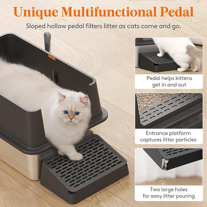 Lifewit Stainless Steel Litter Box for Kitty, Large Metal Cat Litter Tray with Non-Slip Pads, Anti-Leakage Top Entry and High Sided, Easy to Clean, 23.8" L×16" W×6.9" H, Black