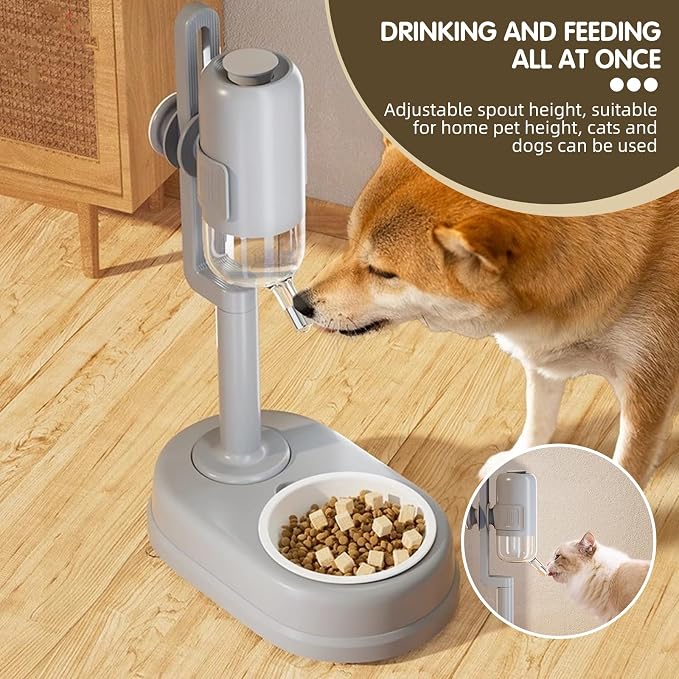 Pet Standing Water Dispenser Cat Dog Standing Ceramic Bowl Automatically Feeding Water Height Adjustable Detachable Pole (Pink-White, Large)