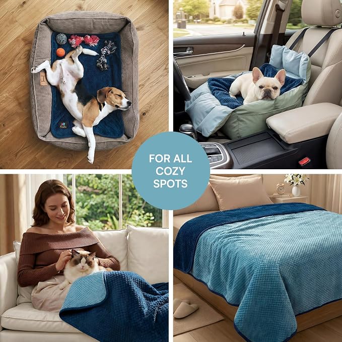 Luciphia Waterproof Blanket for Large Dog Ultra-Soft & Calming Pet Throw Reversible Warm Fleece Durable Furniture Crate Couch Bed Cover Protector Machine Washable Leakproof Blue L (65''x57'')