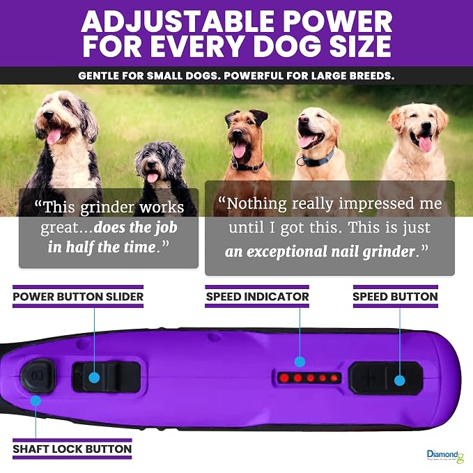 Diamondg Cordless Dog Nail Grinder - Quiet Sound with LED Light, Purple | 5-Speed Rechargeable Pet Nail Trimmer for Small & Large Dogs, USB-C Charging, 4hrs. Runtime, Painless Dog Nail Grinding Kit