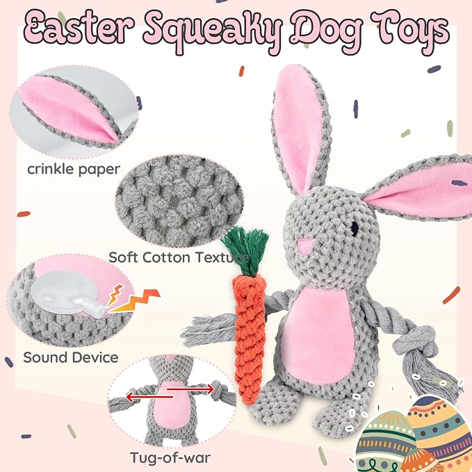 3 Pack Easter Bunny Dog Toys, Easter Squeaky Rabbit & Carrot Dog Gifts for Puppy, Small, Medium, Large Dogs