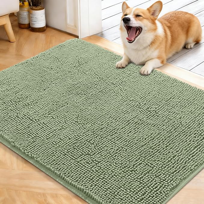 OLANLY Dog Door Mat for Muddy Paws 40x32, Super Absorbent Chenille Mud Mat | Sage Green, Absorbs Moisture and Dirt, Non-Slip Machine Washable Doormat, Quick-Drying Indoor Entryway Floor Carpet for Dogs