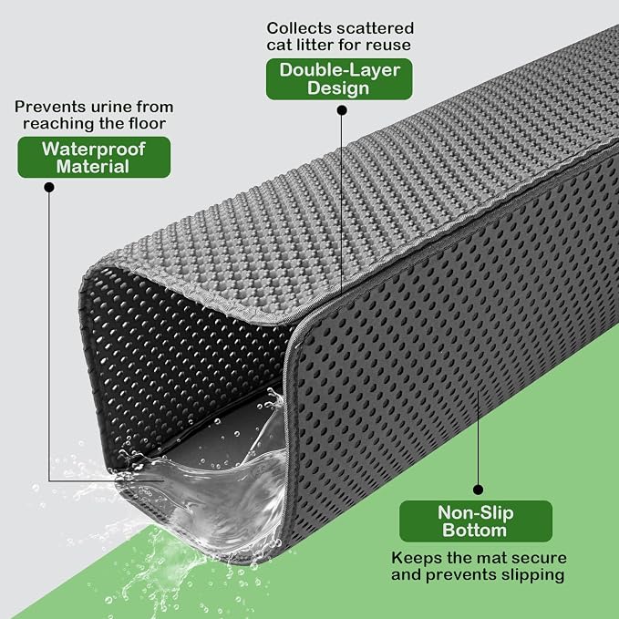 Cat Litter Mat 36"x 24" Double Layer Waterproof Litter Trapping Mat, Gray | Kitty Cat, Easy to Clean Litter Box Mat Scatter Control Pad