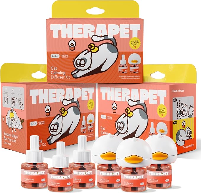 TherapetMD 3-Pack 180-Days Cat Calming Diffuser Kits - Dual-Pheromone Cat Diffusers for Stress, Pee Spraying, Fighting, Excessive Meowing & Scratching – Includes 3 Diffusers + 180-Days Refills