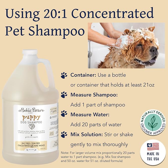 Bobbi Panter Puppy Dog Shampoo Milk Protein, Jasmine, Sunflower & Chamomile – Gentle Nourishing Formula for Puppies & Sensitive Skin, Tear-Free, 30:1 Concentrate, Made in USA, 1 Gallon