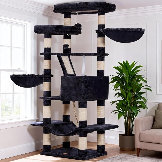 Heybly Cat Tree, 68 inch Multi-Level Cat Tower for Indoor Cats HCT025G | Cat Condo with 2 Widened Plush Perches, 2 Cozy Baskets, Scratching Board and Big Caves, Smoky Gray