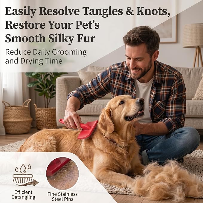 Wooden Long Pin Slicker Brush for Large Dog, Poodles & Doodles Long Hair | Grooming, Fluff & Detangle Heavy Dense Wavy Curly Coats to Easily Prevent Severe Hair Matting During Shedding Seasons