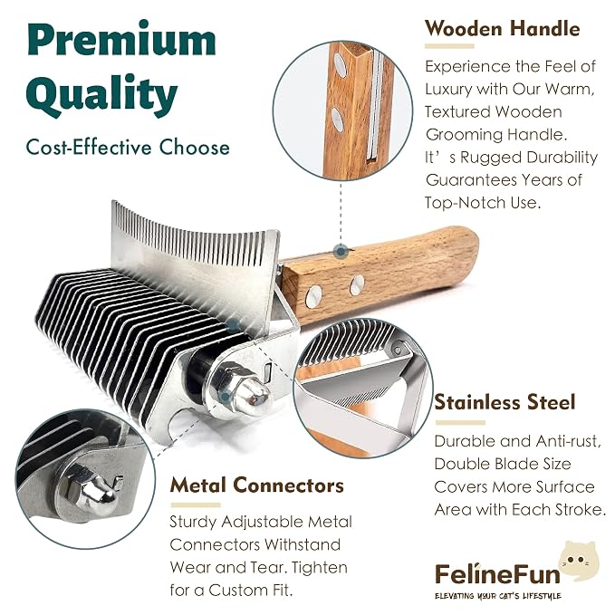 FelineFun Cat Brush for Dematting & Deshedding, 2 in 1 Undercoat Rake, Efficiently Remove Loose Hair & Matted Fur, Professional Shedding Comb for Indoor Cats & Long Haired Cats | Dual-sided undercoat rake helps remove loose hair, tangles, and light to ...