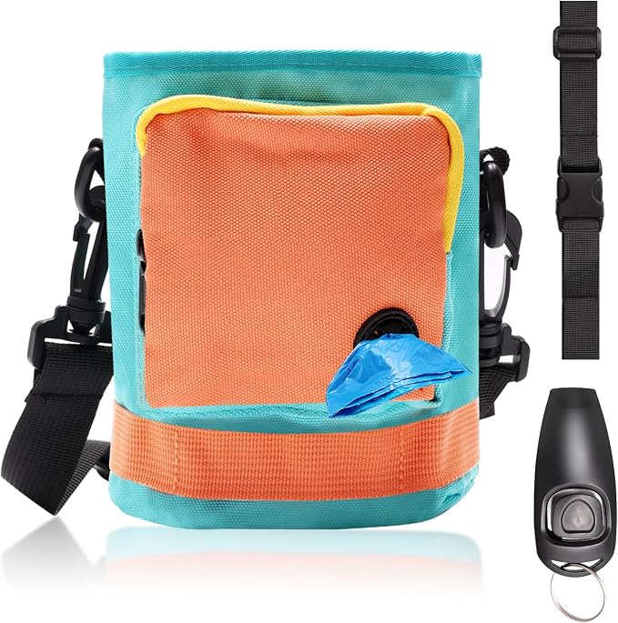 Dog Treat Pouch with Dog Clicker for Training, Bright Colors Drawstring Treat Pouches for Pet Puppy Travel or Outdoor Large Capacity Training Bag with Waist Belt Shoulder Strap