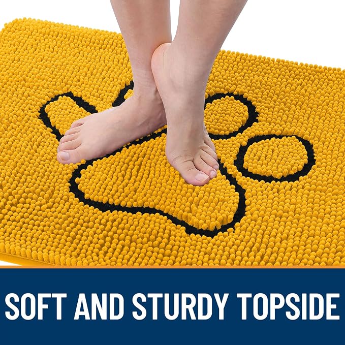 OLANLY Dog Door Mat for Muddy Paws 30x20, Paw Print Design Chenille Mud Mat | Golden Yellow, Absorbent, Traps Moisture and Dirt, Non-Slip Washable Doormat, Quick-Dry Indoor Entryway Floor Carpet for Dogs