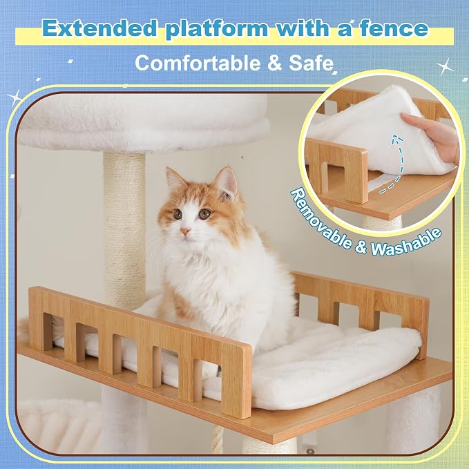 Hey-brother Wooden Cat Tree, Furniture Tower with Large Platforms, MPJ121WB | 69.7 inch, Modern Full Sisal Scratching Posts, Hammocks, Spacious Condo, Ladder, Brush, Water Proof Surface, Walnut