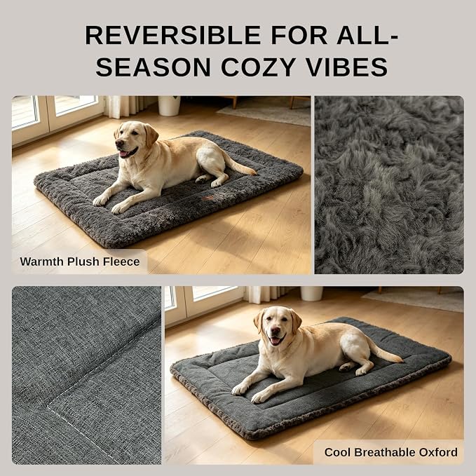 Reversible Dog Crate Mat for Large Dogs,Oxford & Fleece, 42"x27",Dark Gray | 1.2" Fill Preserves Crate Height,Fleece Cozy,Wipes Clean,Splash-Proof,Machine Washable, Folds Flat For 30" Wire Crate & Go