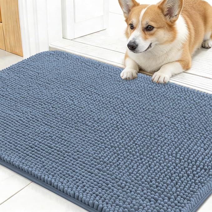 OLANLY Dog Door Mat for Muddy Paws 30x17, Super Absorbent Chenille Mud Mat | Airy Blue, Absorbs Moisture and Dirt, Non-Slip Machine Washable Doormat, Quick-Drying Indoor Entryway Floor Carpet for Dogs