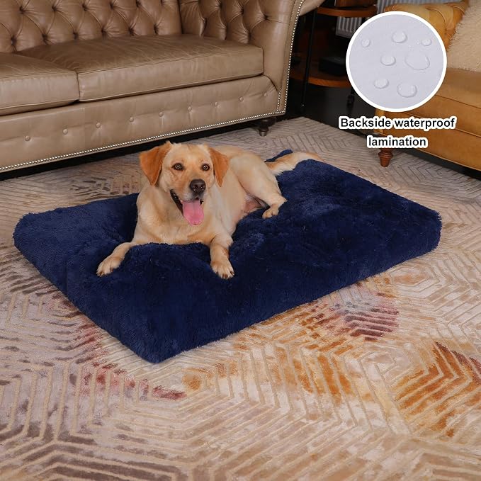 Bedfolks Waterproof Dog Crate Bed, Plush Dog Pad, 47"x29", Solid Dark Blue | Faux Fur Plush Cover, Zippered Removable Washable Outer, Waterproof Inner Lining, Non-Slip Base, Crate Pad and Dog Pillow