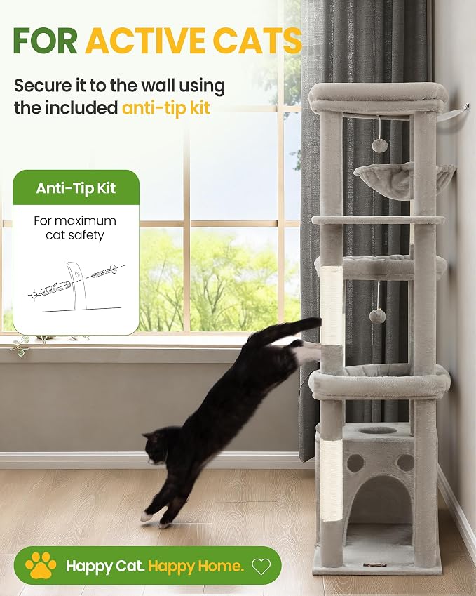 67in Cat Tree Tower for Indoor Cats, Multi-Level Light Grey | Climbing Tower with 3 Large Platform, 4 Scratching Posts, Hammock, Large Condo for Multiple Cats, Modern Cat Tree Furniture