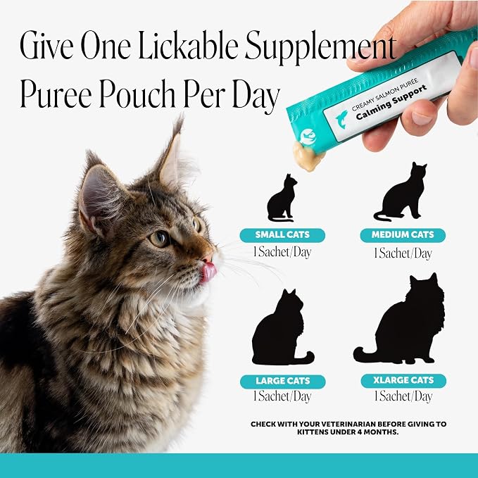 Pet Honesty Cat Lickable Treats with L-Theanine & Chamomile - Squeezable Puree Pouches for Cats - Behavior Support for Travel, Vet Visits, Grooming, & Separation (Salmon, 20 Ct)