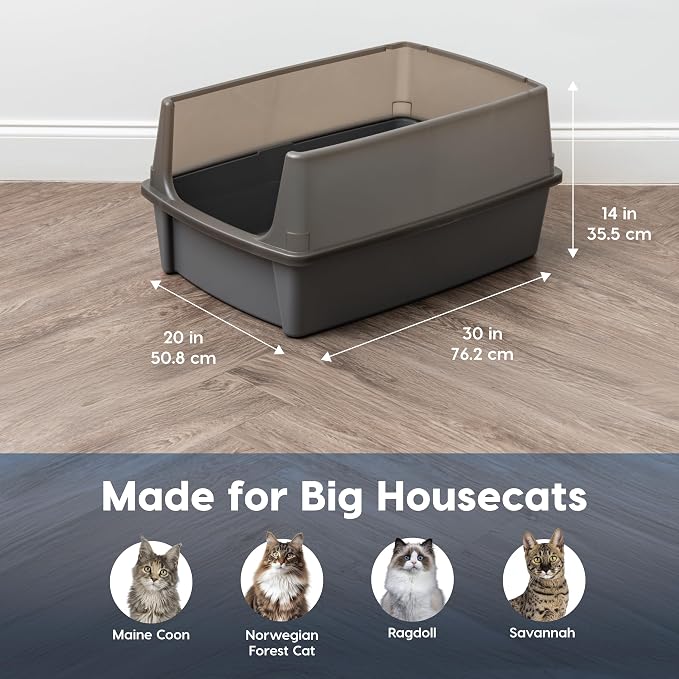 IRIS USA Extra Large Cat Litter Box XXL Open Top High Sided Walls Scatter Shield Scoop Included Easy Clean Plastic Pan for Big Cats Multi-Cat Households 30" L x 20" W x 14" H Gray